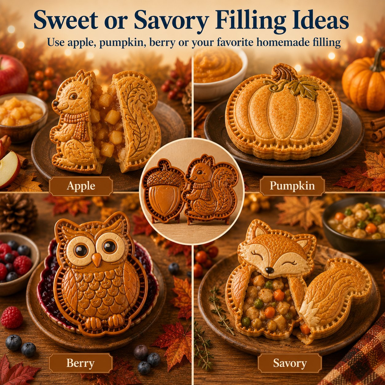 🍂 Collezione di 8 stampi per mini torte autunnali | Stampi riutilizzabili con motivi in rilievo per realizzare forme dettagliate di gufo, volpe, tacchino, zucca, ghianda e altro ancora 🍂✨