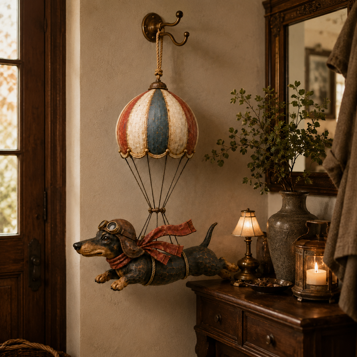 Decorazione vintage con bassotto volante su mongolfier