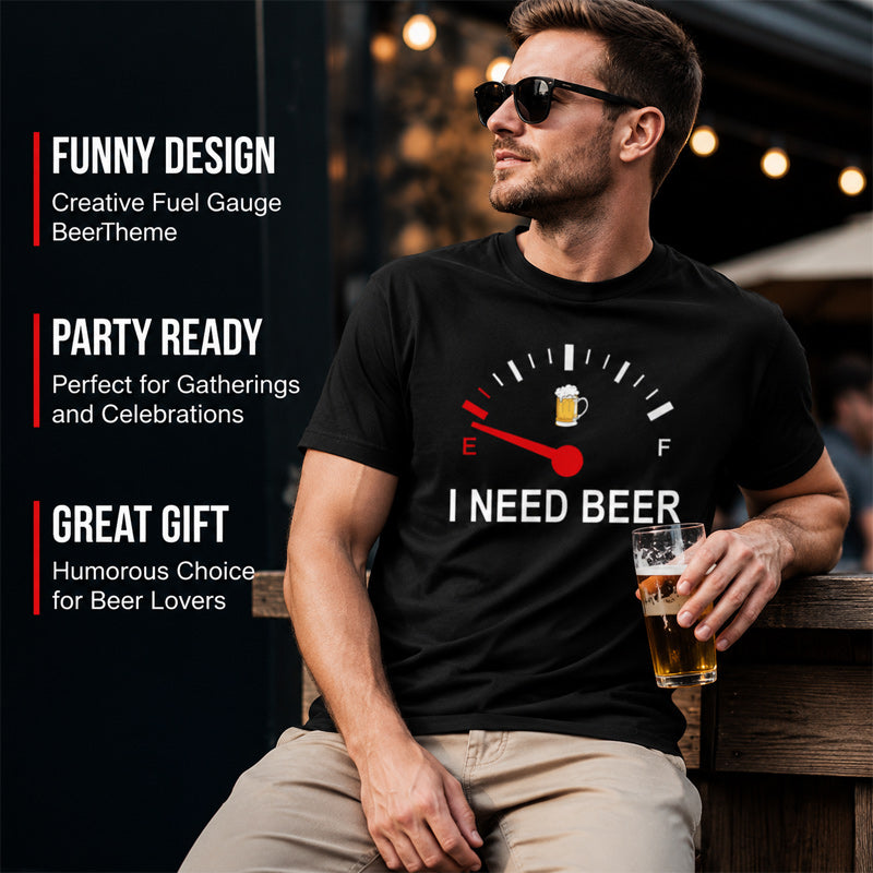 🍻 Maglietta con grafica divertente “I Need Beer” (Ho bisogno di birra) con indicatore di livello: una maglietta comoda e originale per gli amanti della birra! ⛽