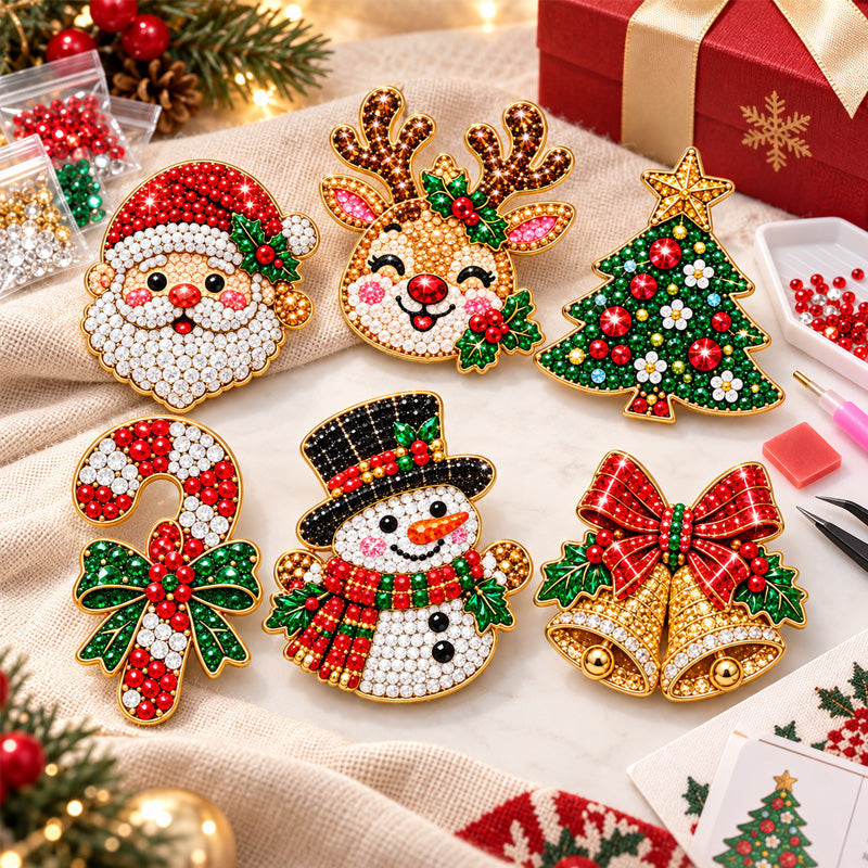 ✨🎄 Kit fai da te per spille natalizie con tecnica “diamond painting” — 6 disegni a tema festivo, per un tocco di brillantezza da indossare