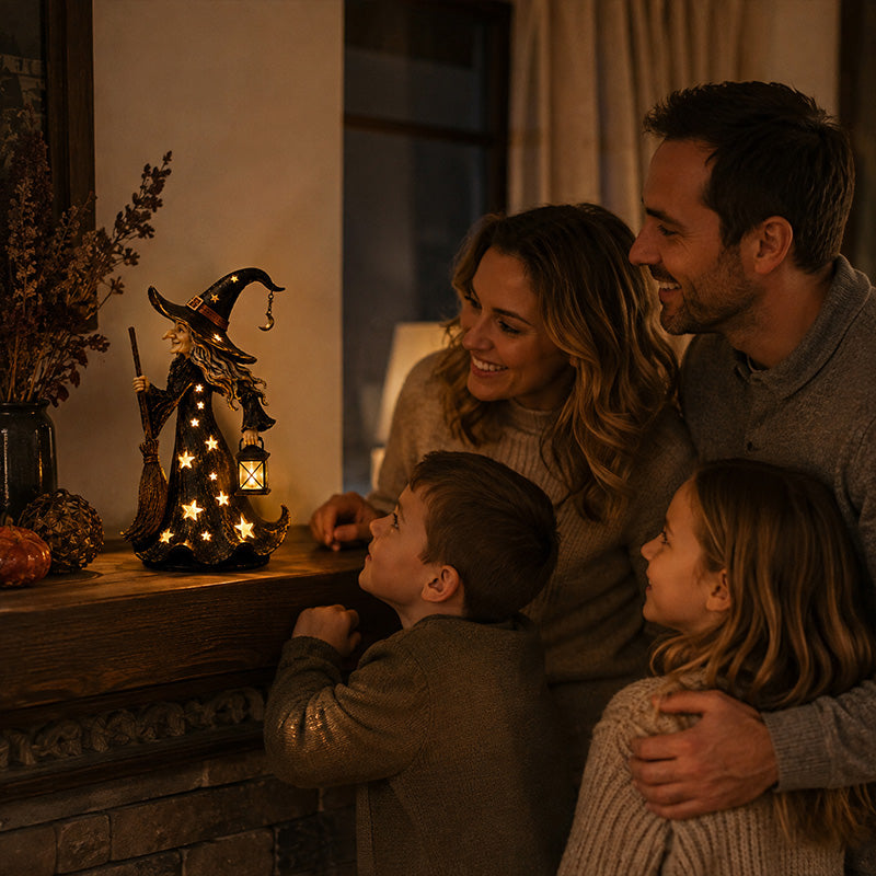Statuetta Starlight Witch Night Light | Decorazione a forma di strega di Halloween con luci LED cald