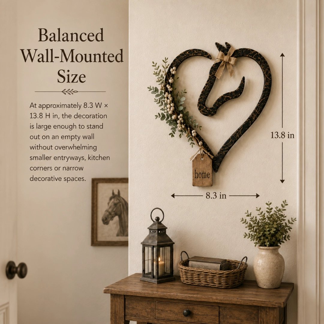 Decorazione da parete rustica a forma di cuore di cavallo con piante verdi – Elemento decorativo in stile country-equestre per la casa