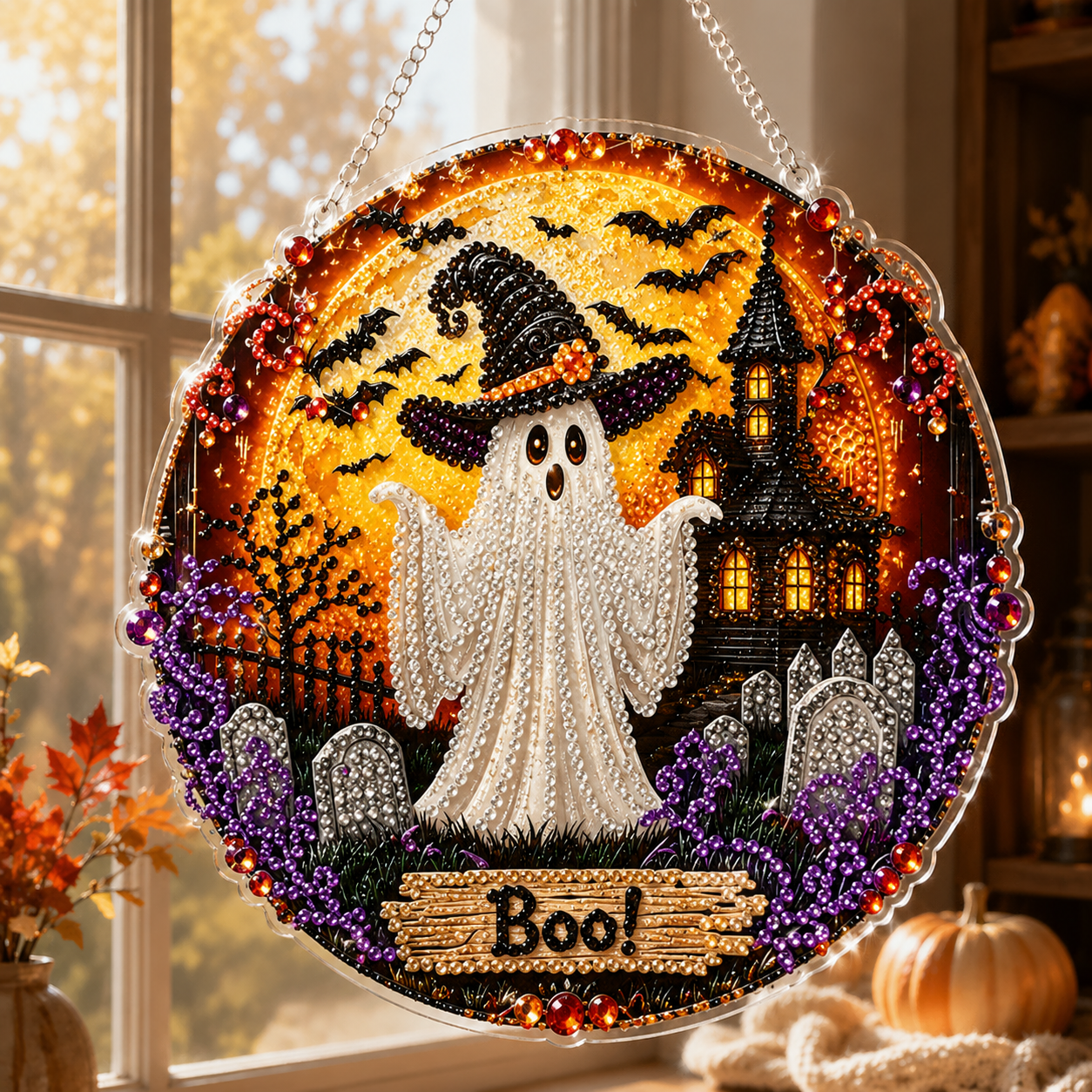 ✨🎃Kit per decorazione da appendere “Diamond Art” con gatto nero e luna di Halloween👻