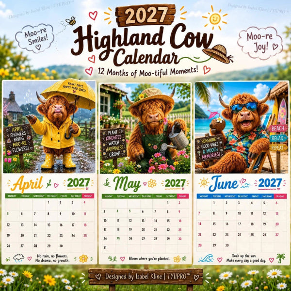 Calendario da parete A4 2027 con immagini divertenti di mucche delle Highlands
