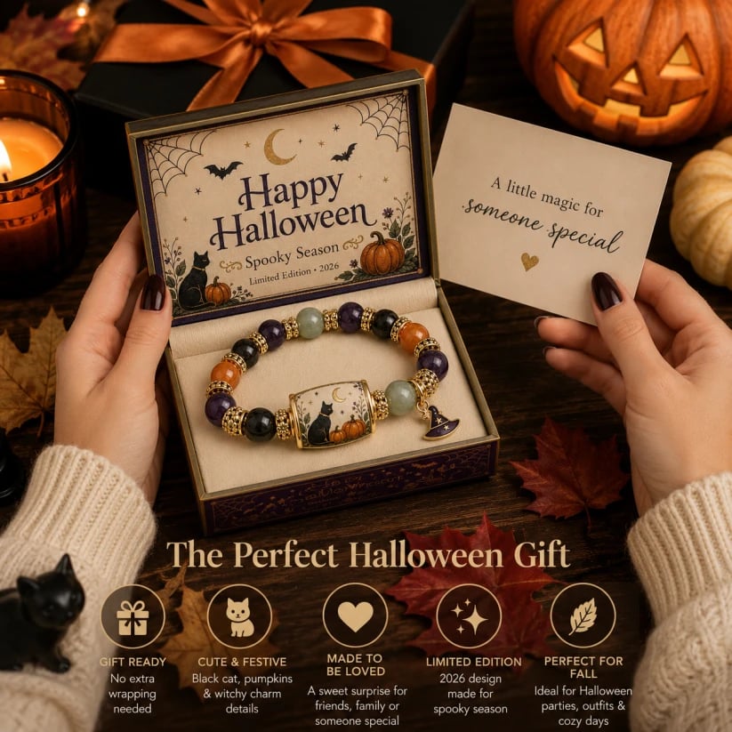 🔥ULTIMO GIORNO: SCONTO DEL 50% - 🎃Set regalo in edizione limitata per Halloween 2026: braccialetto con perline a forma di gatto nero e zucca