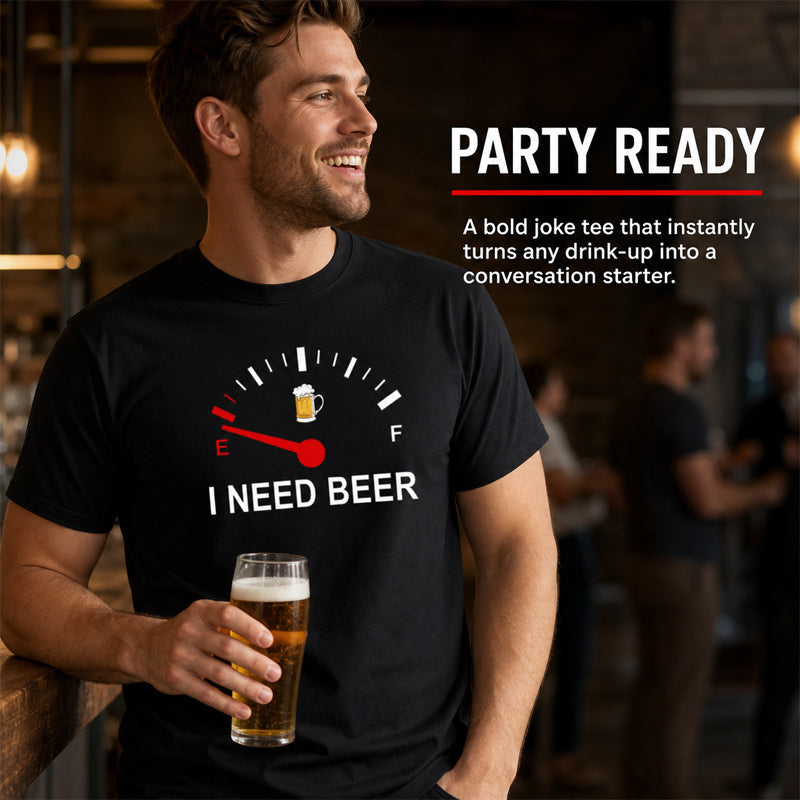 🍻 Maglietta con grafica divertente “I Need Beer” (Ho bisogno di birra) con indicatore di livello: una maglietta comoda e originale per gli amanti della birra! ⛽