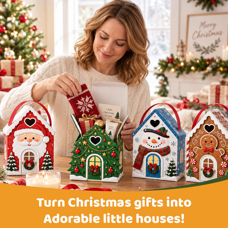 Confezione regalo “Christmas Cottage” con manico – Scatola regalo 3D a tema natalizio per caramelle e biscott