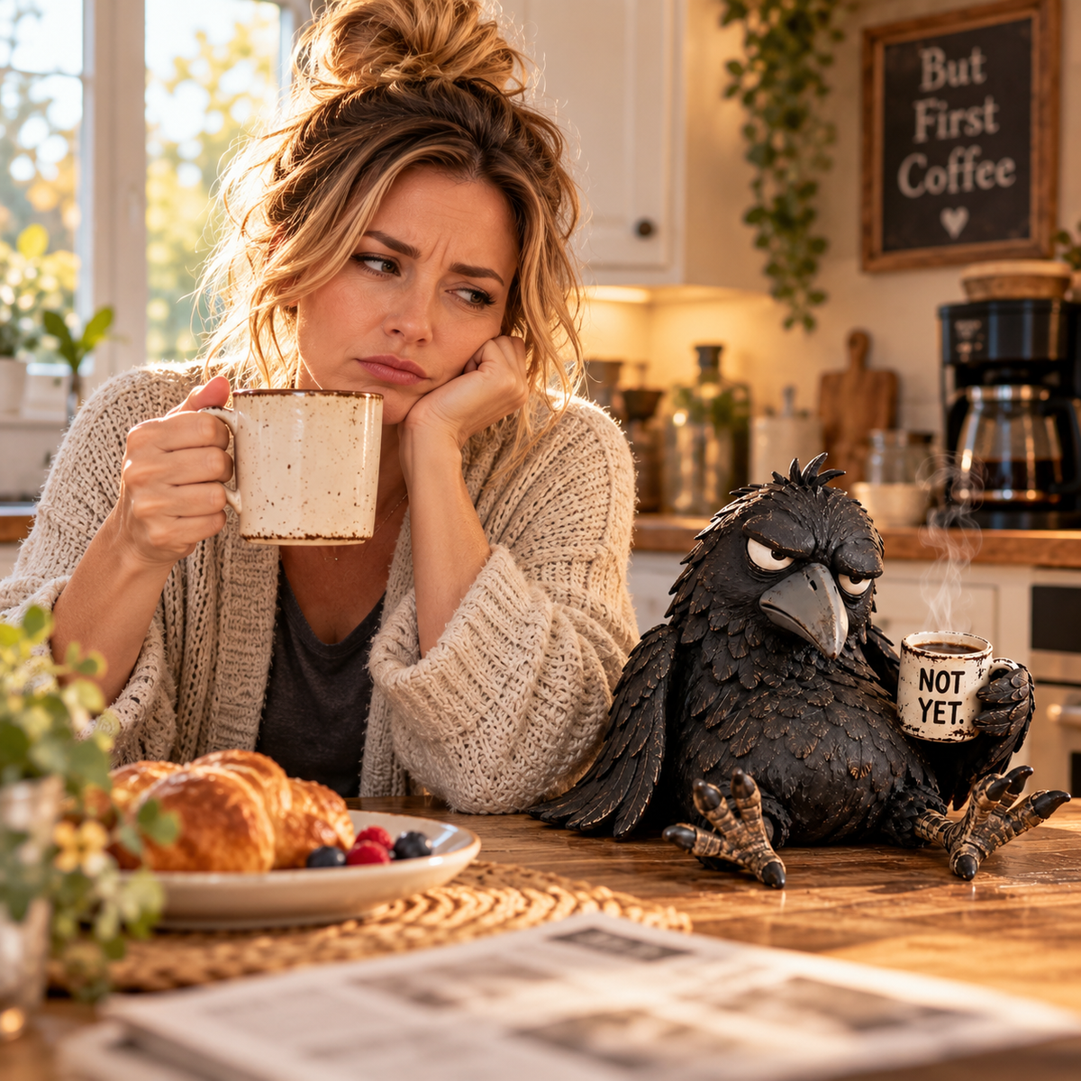 Statuetta del corvo Grumpy Coffee – “Non ancora” – Decorazione divertente per la mattin