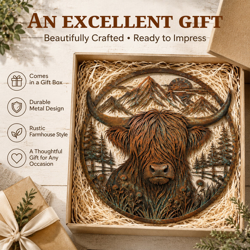🐂Quadro da parete in metallo con scena di montagna e mucca delle Highlands