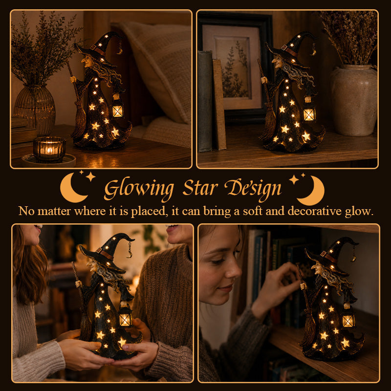 Statuetta Starlight Witch Night Light | Decorazione a forma di strega di Halloween con luci LED cald