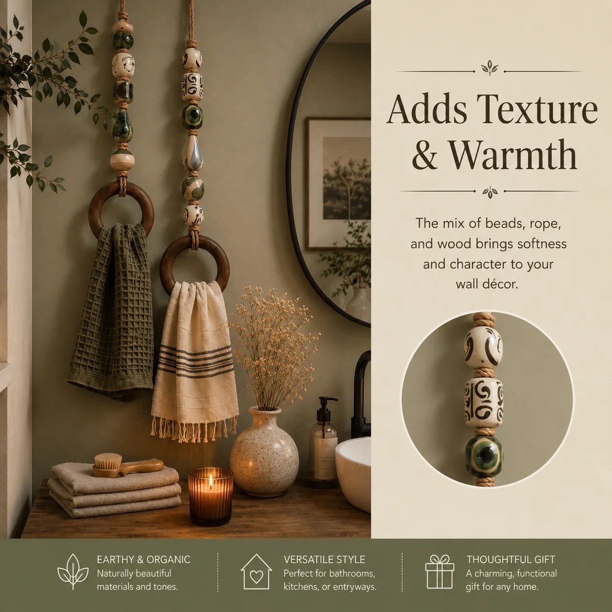 Appendi asciugamani decorativo con perline e anello in legn