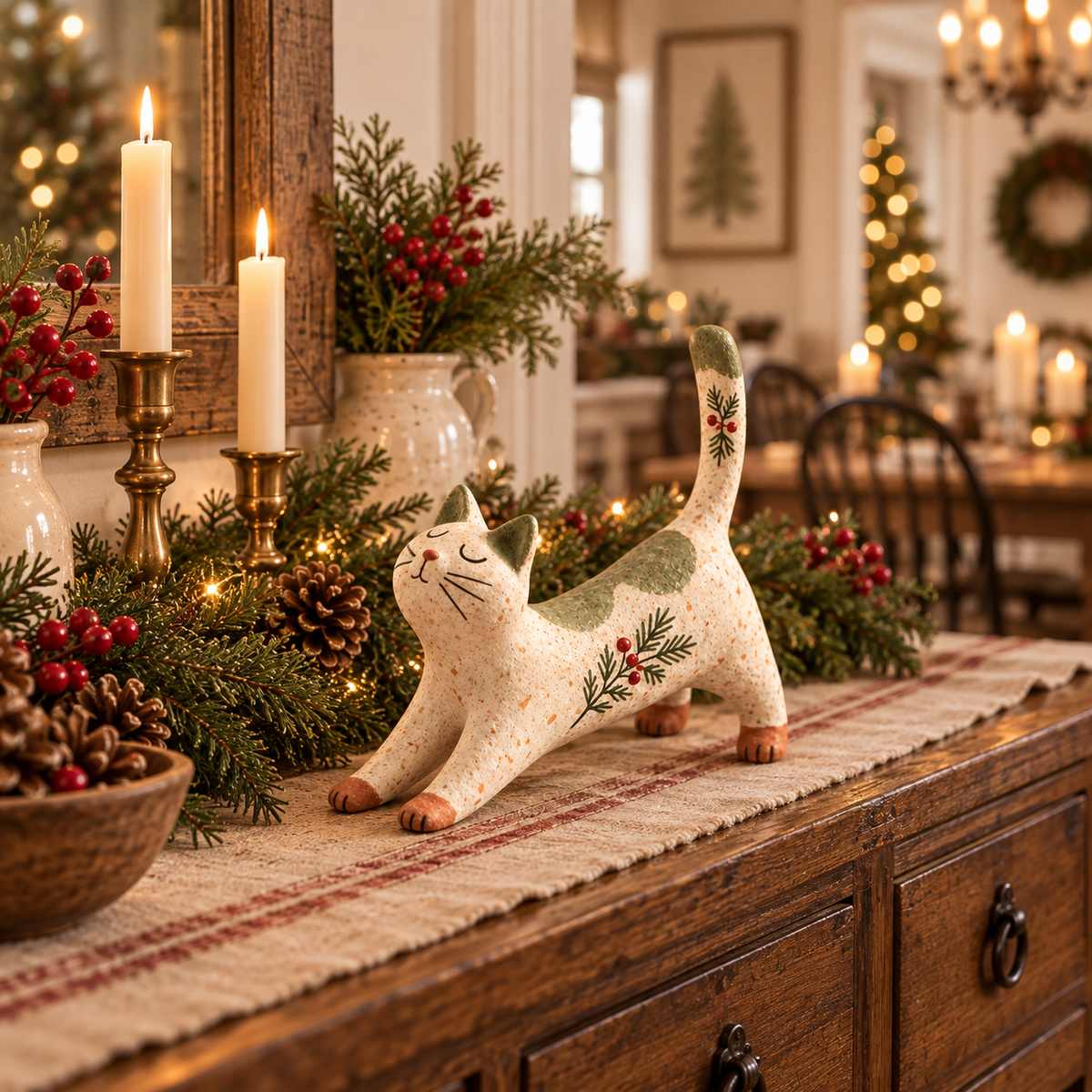 🐈🎄 Statuetta natalizia di gatto woodland--un tocco rustico e accogliente per la casa delle feste