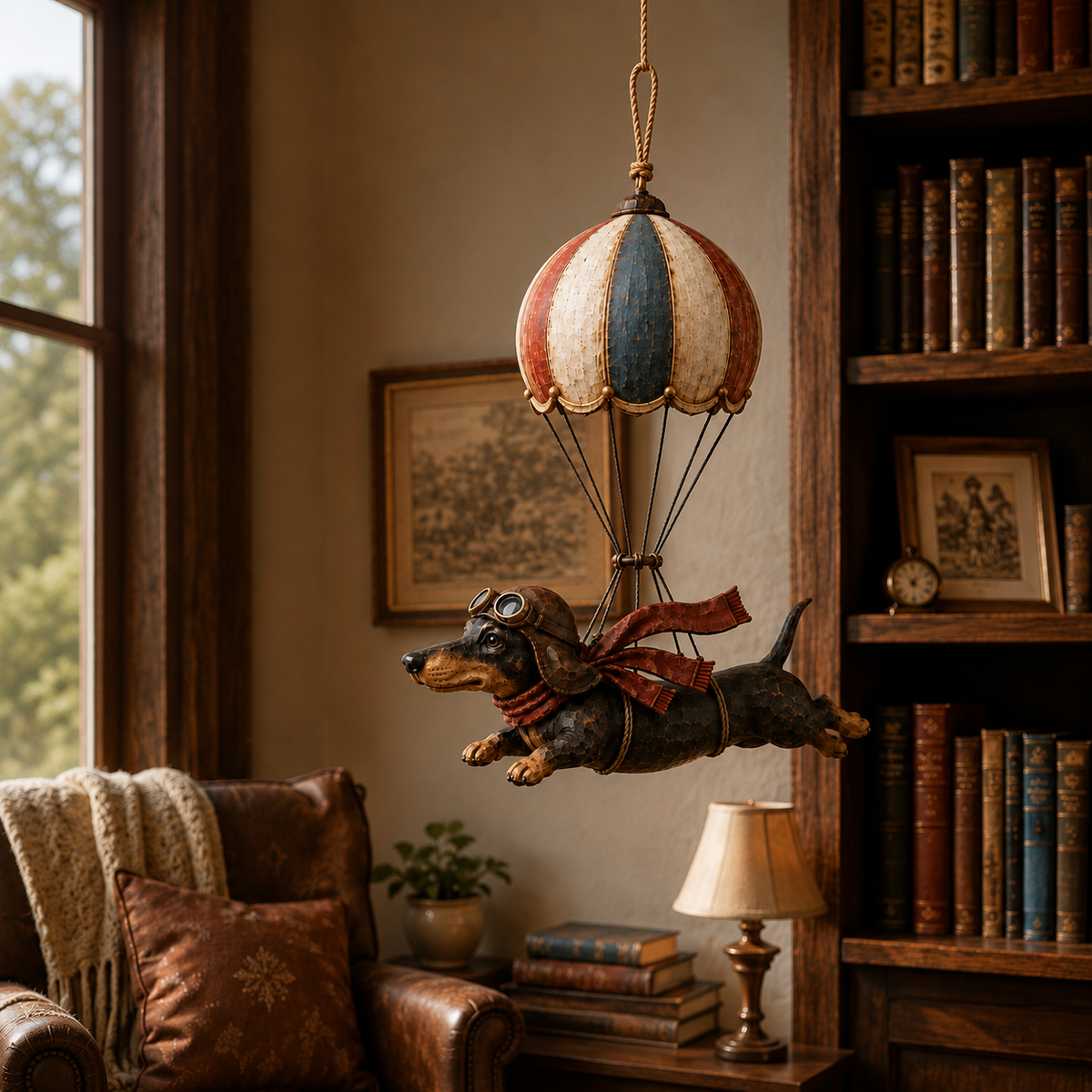 Decorazione vintage con bassotto volante su mongolfier