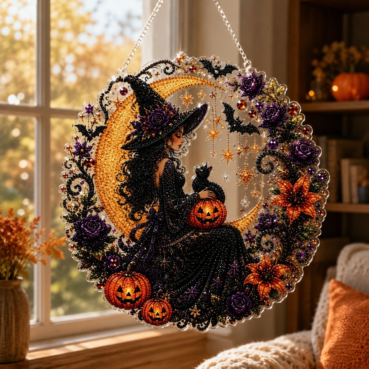 ✨🎃Kit per decorazione da appendere “Diamond Art” con gatto nero e luna di Halloween👻