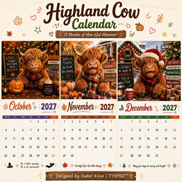 Calendario da parete A4 2027 con immagini divertenti di mucche delle Highlands