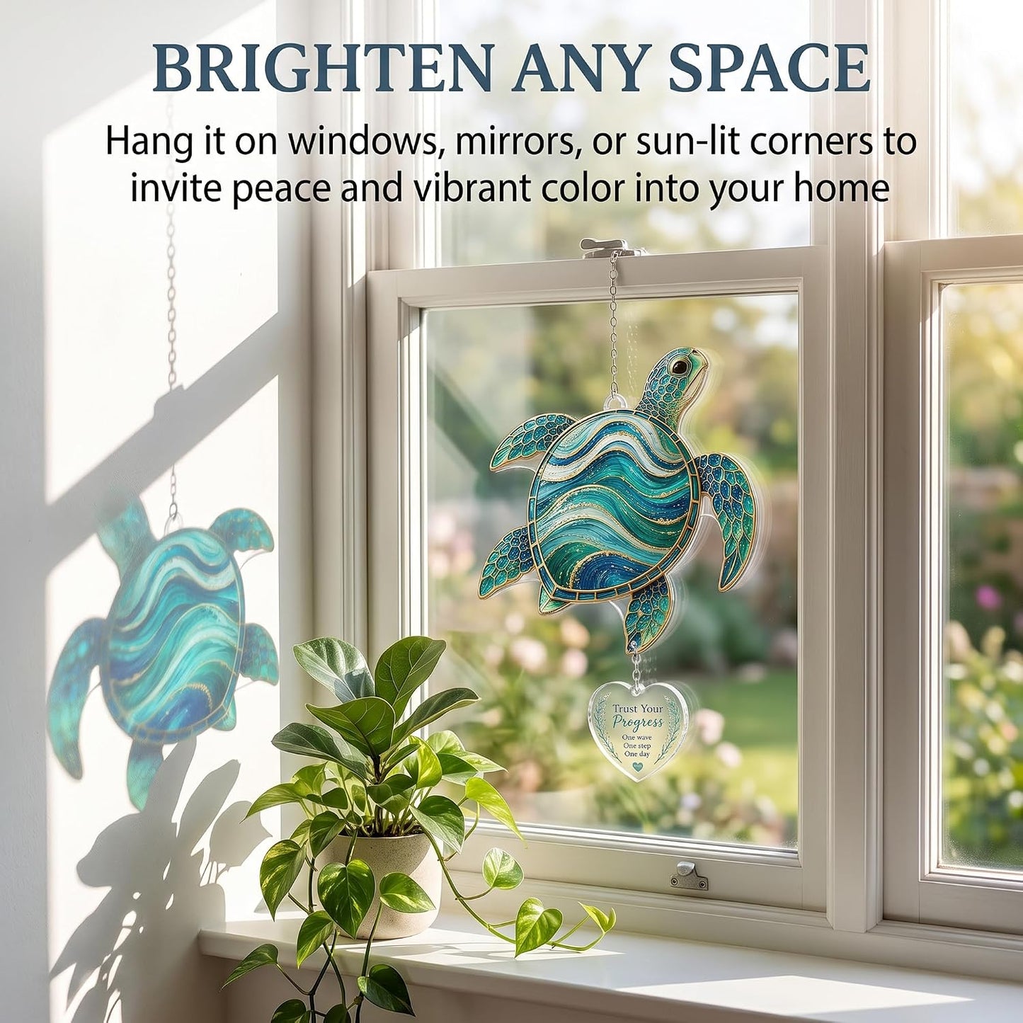 Suncatcher ispiratore con biglietto narrativo – Decorazione da appendere alla finestra con tartaruga marina, farfalla e libellula