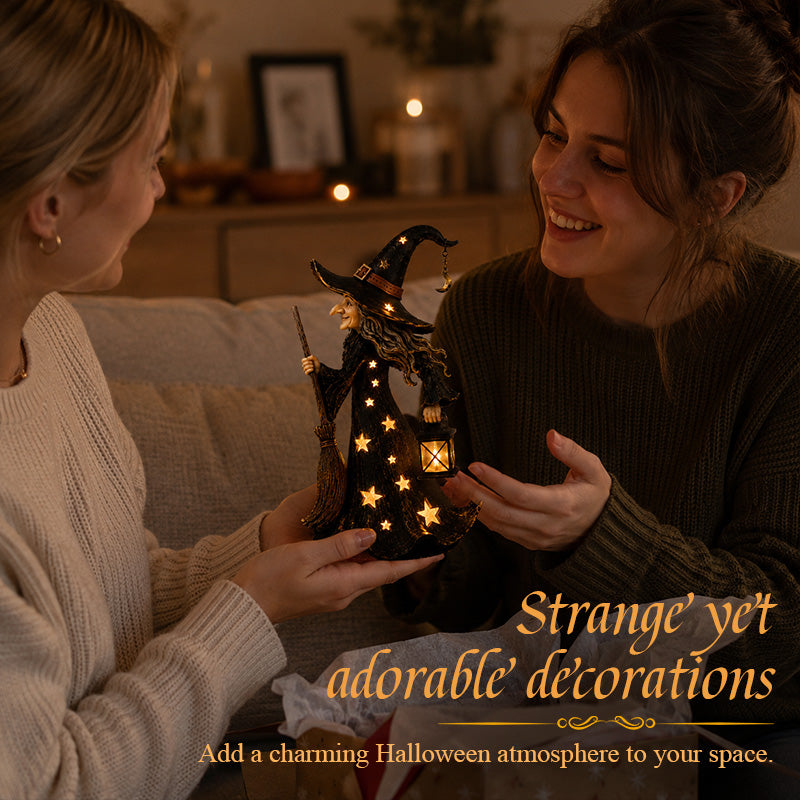 Statuetta Starlight Witch Night Light | Decorazione a forma di strega di Halloween con luci LED cald