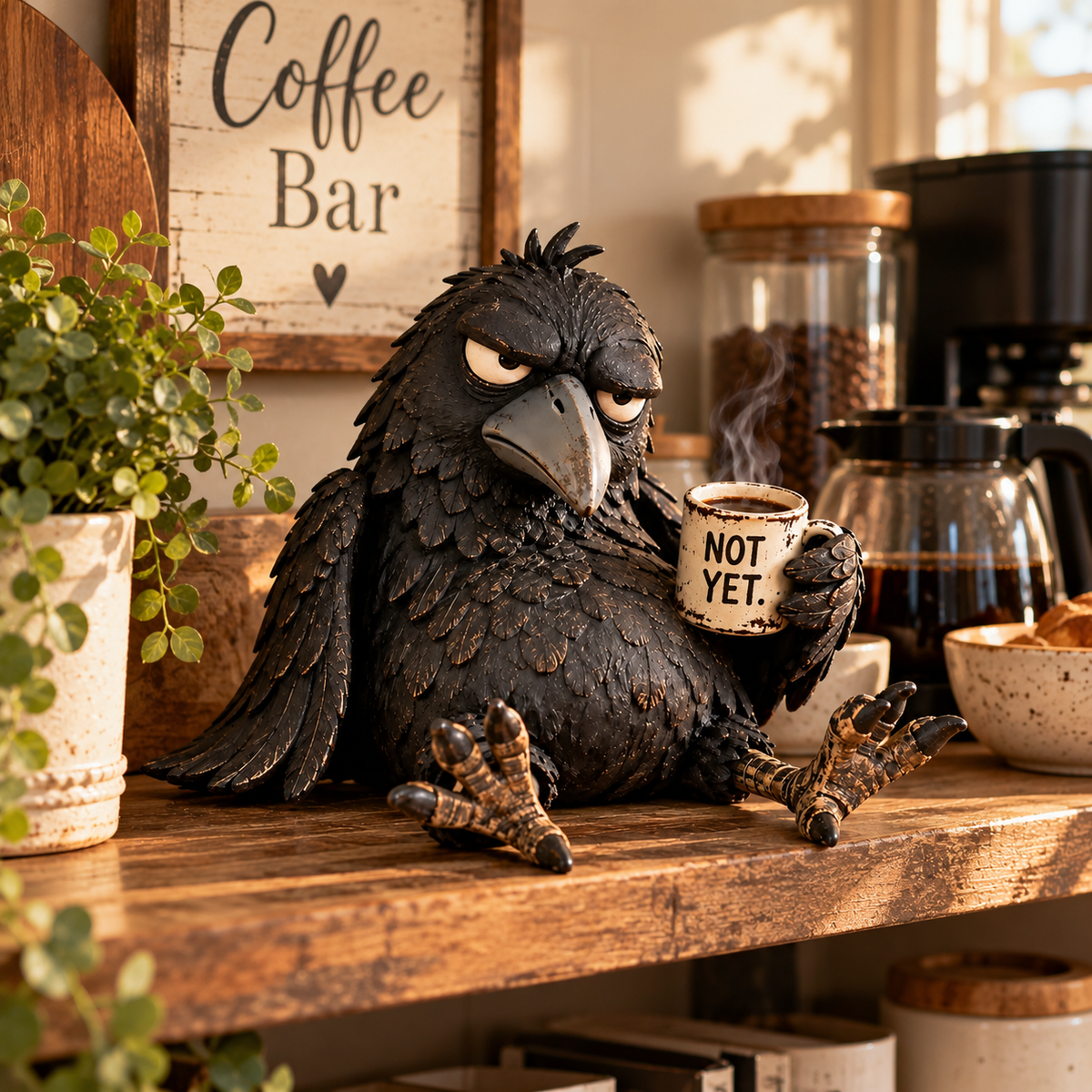 Statuetta del corvo Grumpy Coffee – “Non ancora” – Decorazione divertente per la mattin