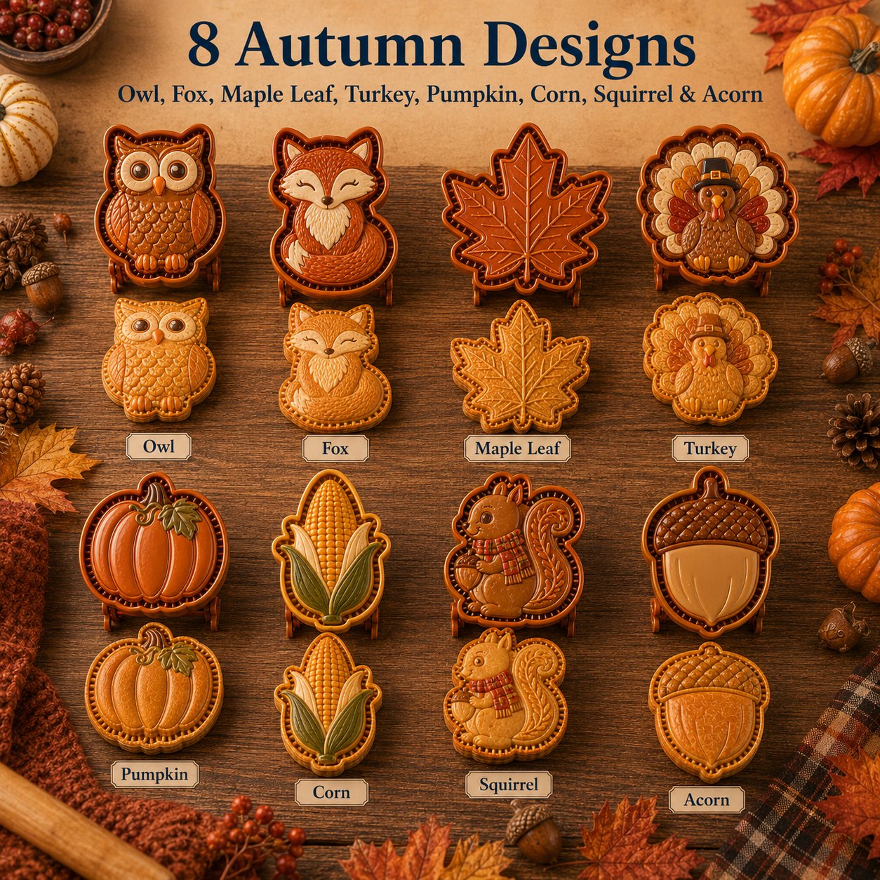 🍂 Collezione di 8 stampi per mini torte autunnali | Stampi riutilizzabili con motivi in rilievo per realizzare forme dettagliate di gufo, volpe, tacchino, zucca, ghianda e altro ancora 🍂✨