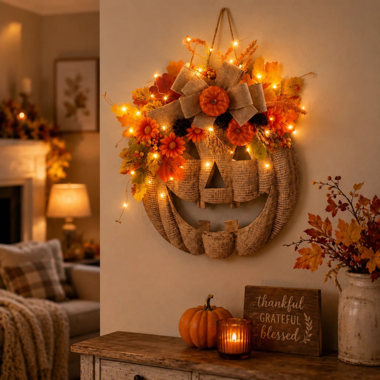 🎃✨ Ghirlanda di zucche in tela di juta illuminata