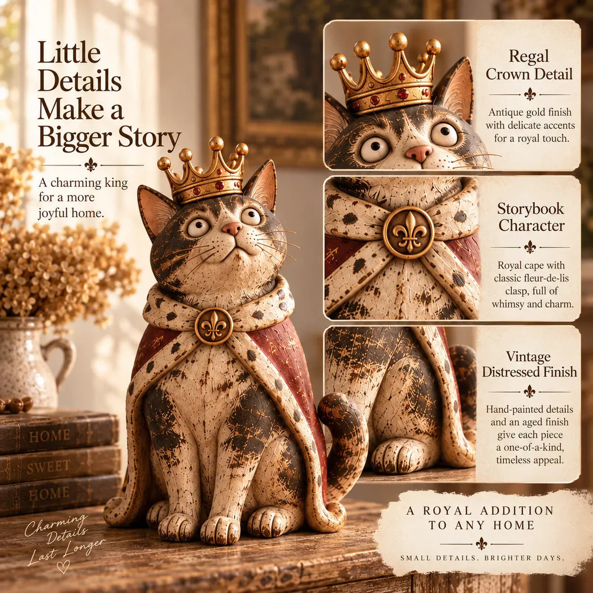 👑 Figurine della Corte dei Gatti Medievale | 5 personaggi reali di ispirazione vintage per mensole, mensole del camino e collezionisti di gatti 🐈
