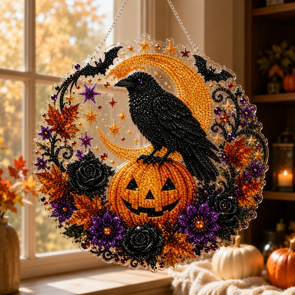 ✨🎃Kit per decorazione da appendere “Diamond Art” con gatto nero e luna di Halloween👻