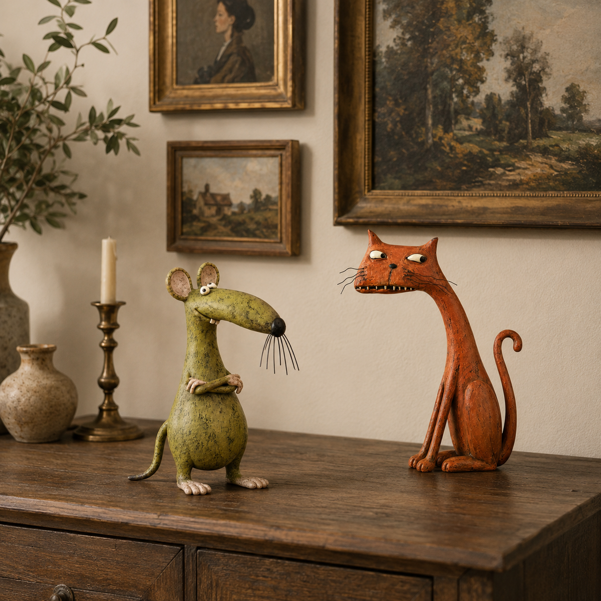 Fantasiosa statuetta vintage di topo e gatt