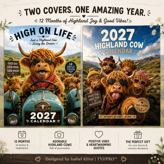 Calendario da parete A4 2027 con immagini divertenti di mucche delle Highlands