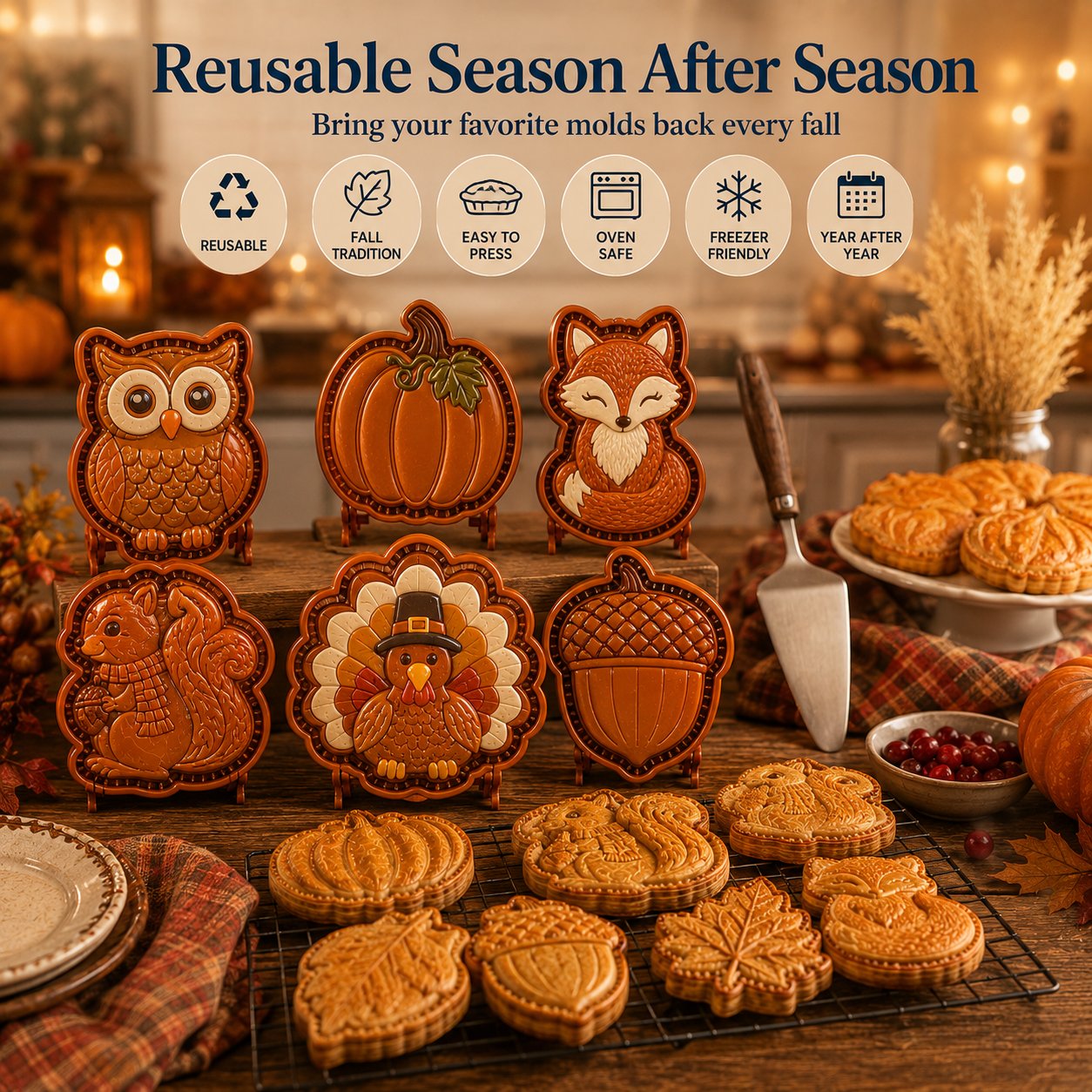 🍂 Collezione di 8 stampi per mini torte autunnali | Stampi riutilizzabili con motivi in rilievo per realizzare forme dettagliate di gufo, volpe, tacchino, zucca, ghianda e altro ancora 🍂✨
