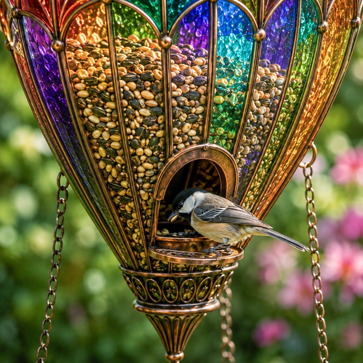 🌈 Fontana a forma di mangiatoia per uccelli con mongolfiera in vetro colorato🐦