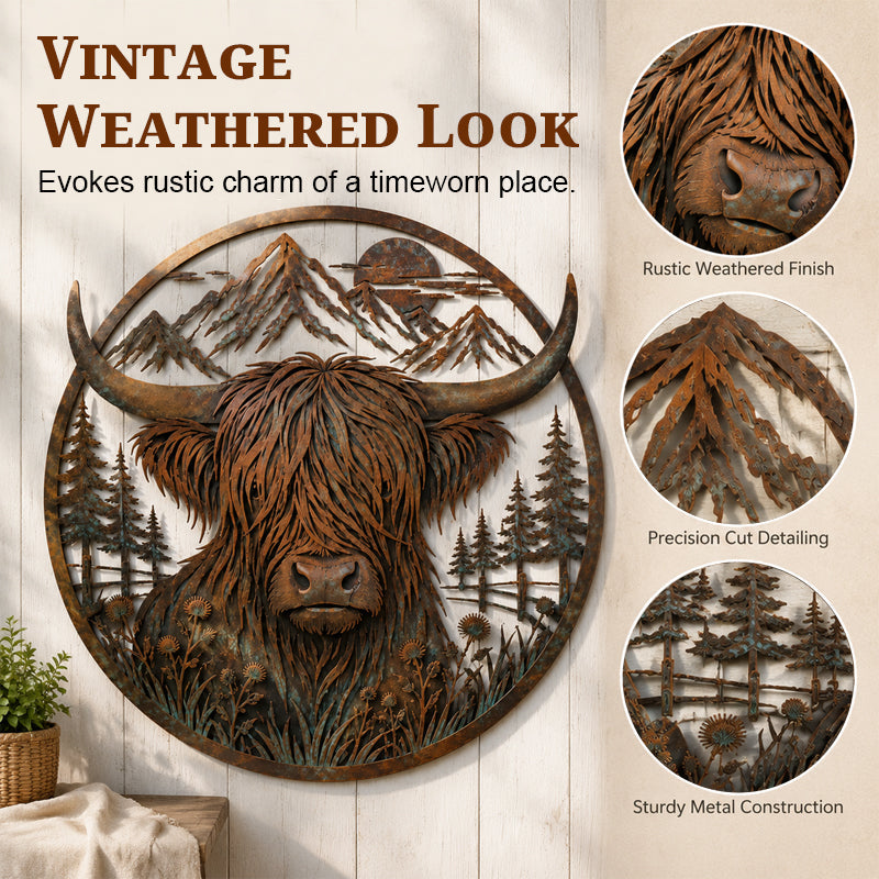 🐂Quadro da parete in metallo con scena di montagna e mucca delle Highlands