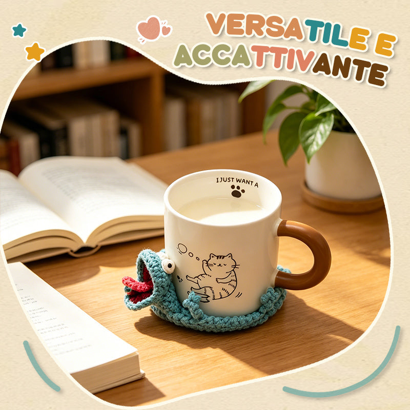 Sottobicchiere a forma di lucertola che urla fatto a mano all'uncinetto, un regalo di compleanno o di laurea creativo e divertente