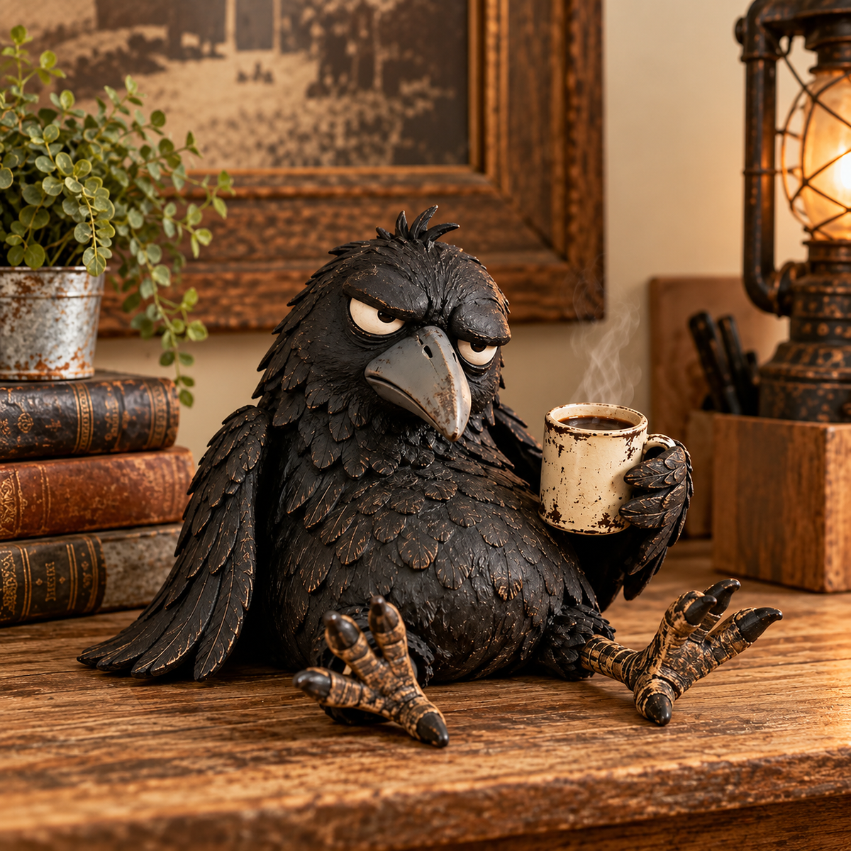 Statuetta del corvo Grumpy Coffee – “Non ancora” – Decorazione divertente per la mattin