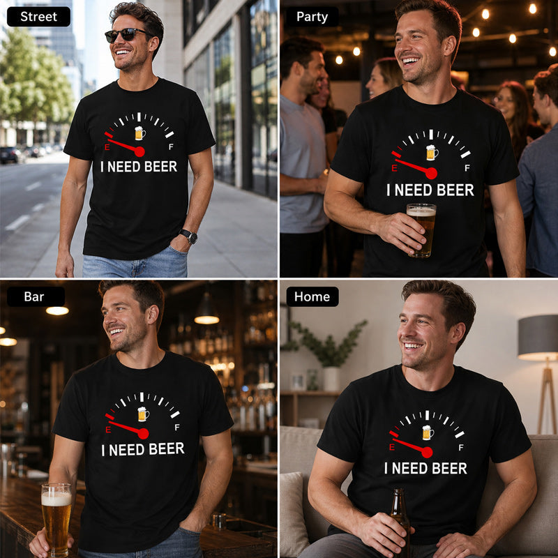 🍻 Maglietta con grafica divertente “I Need Beer” (Ho bisogno di birra) con indicatore di livello: una maglietta comoda e originale per gli amanti della birra! ⛽