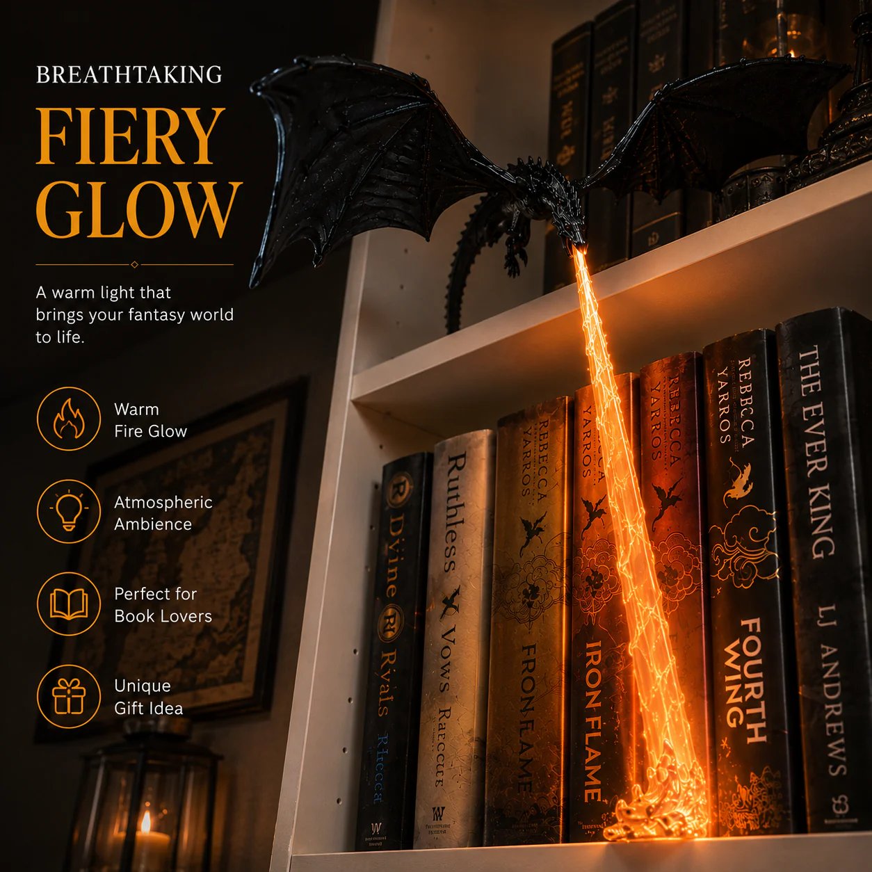 🐉 Lampada decorativa a forma di drago sputafuoco da scaffale + set di luci LED a forma di fiamma