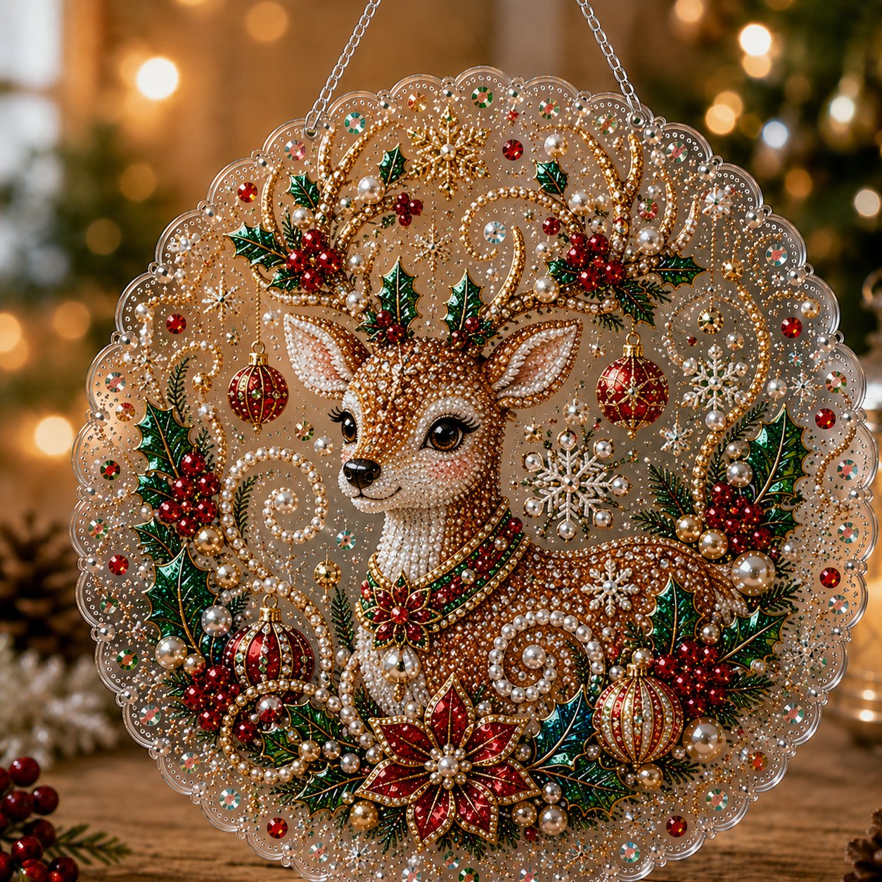 🎄Kit per decorazioni natalizie da appendere in stile Diamond Art con perline perlacee | Tela di lusso floccata con perline perlacee resistenti ai graffi e che non sbiadiscono – Decorazioni natalizie fai da te da appendere, realizzate a mano 🎅💎