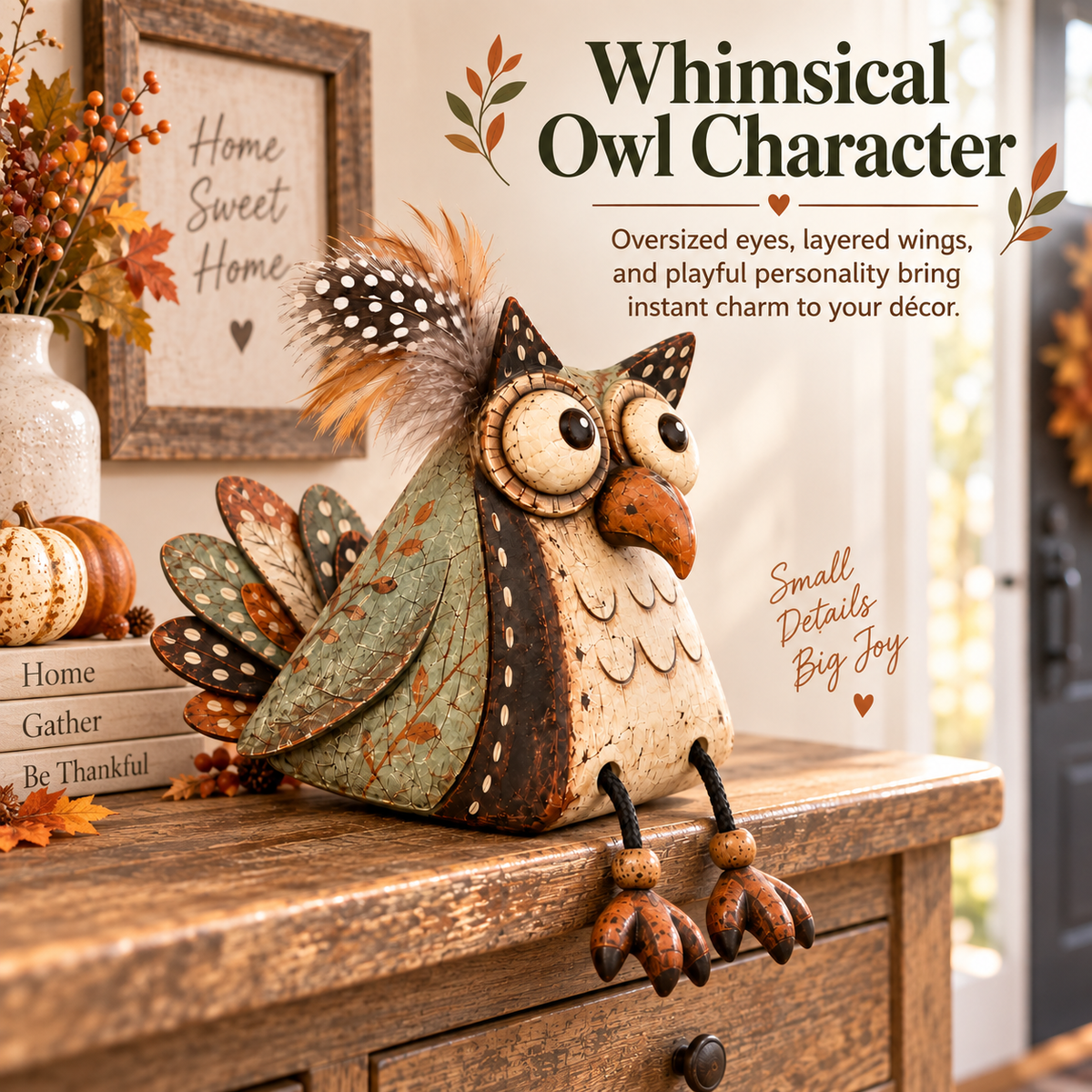 🦉 Decorazione rustica con gufo appollaiato su una tavola e zampe penzolanti — Atmosfera country