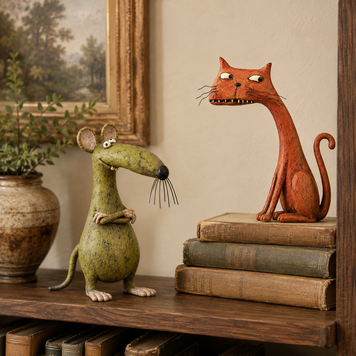 Fantasiosa statuetta vintage di topo e gatt