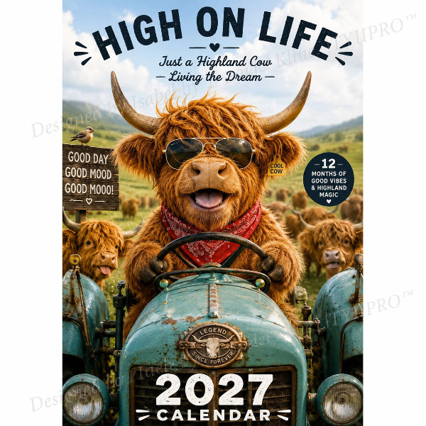 Calendario da parete A4 2027 con immagini divertenti di mucche delle Highlands