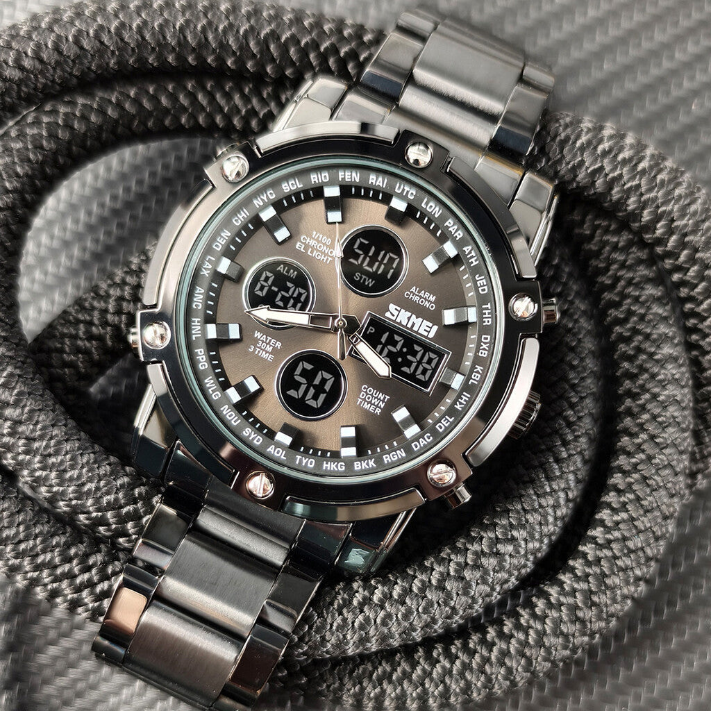 Orologio da polso impermeabile da uomo – Acciaio inossidabile, analogico-digitale, resistente agli urti e dal design robust