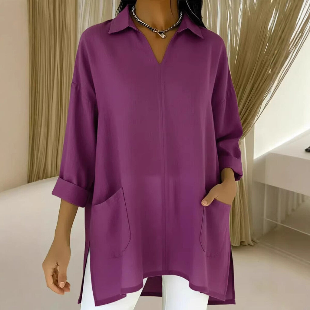 ✨Bestseller🔥 Camicia casual da donna a tinta unita con scollo a V e vestibilità ampi