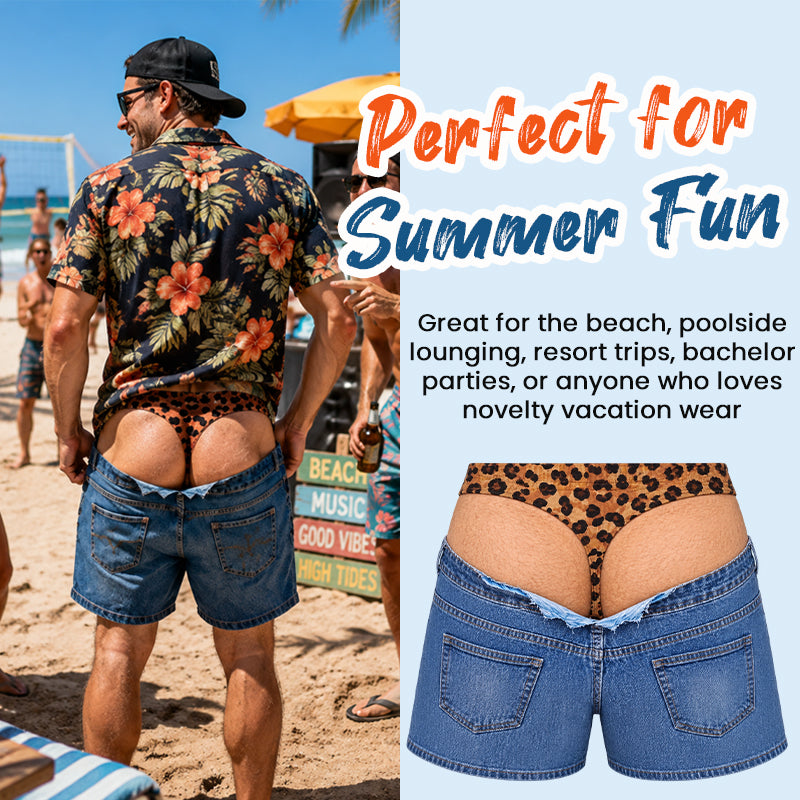 Divertenti pantaloncini da bagno in finto denim con stampa leopardata | Pantaloncini da spiaggia fantasiosi con effetto ottic