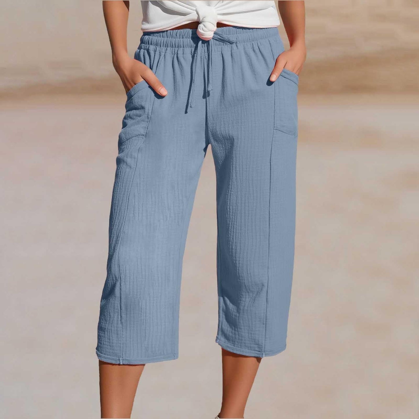 Pantaloncini da donna in cotone e lino a pieghe, tinta unit