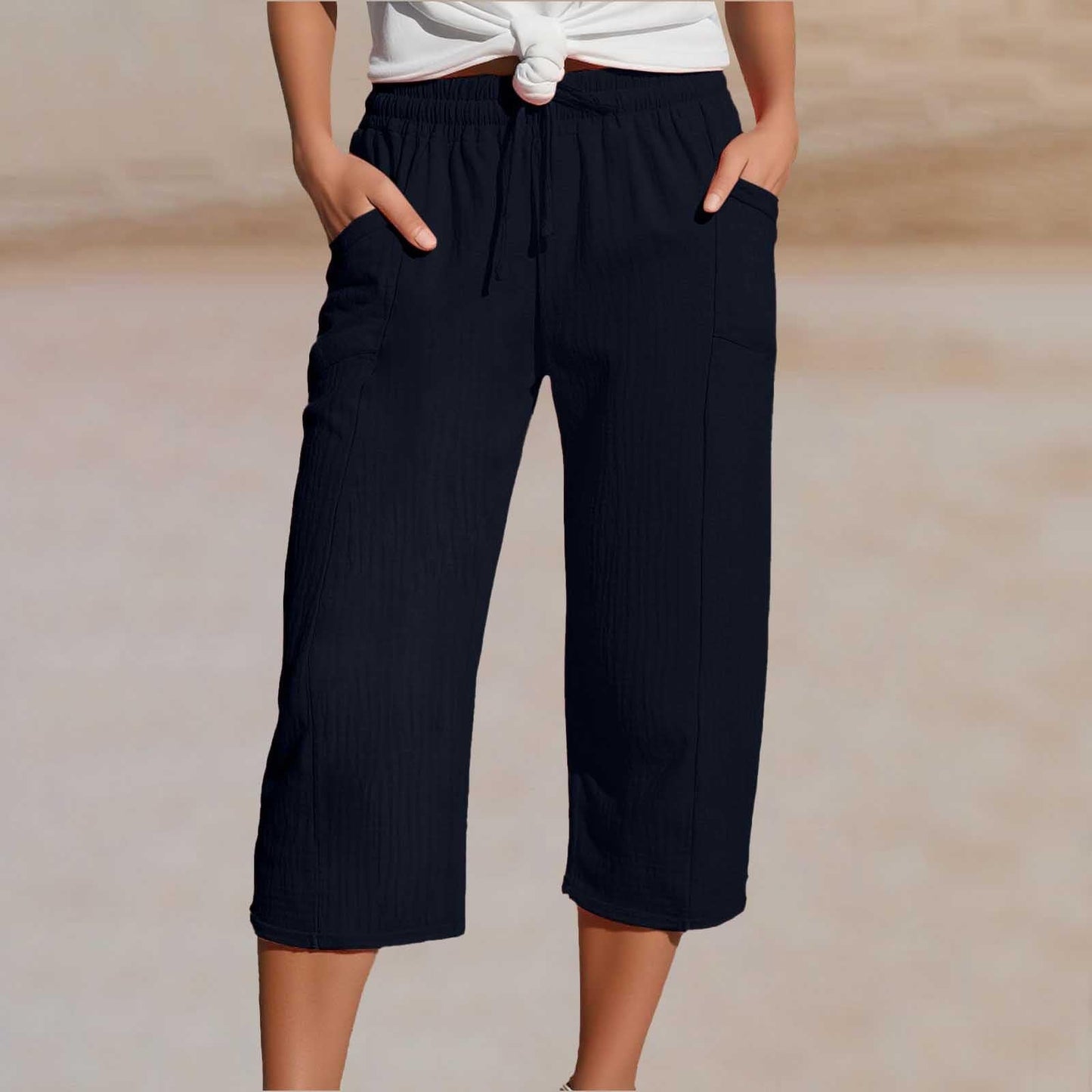 Pantaloncini da donna in cotone e lino a pieghe, tinta unit
