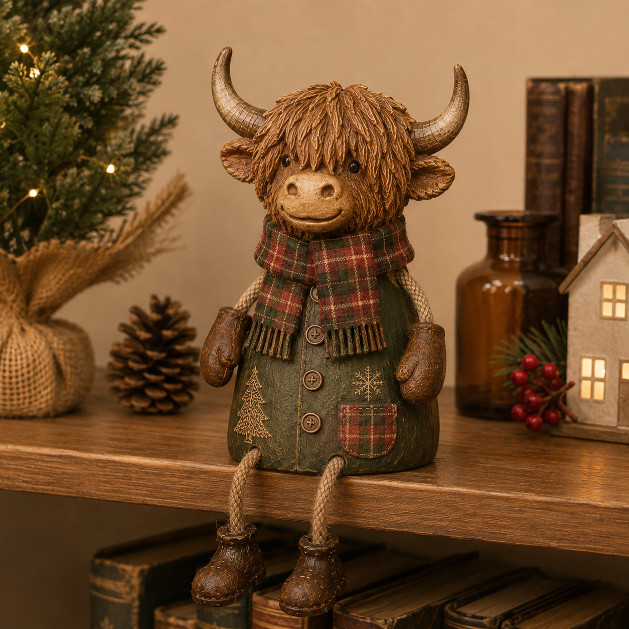 Statua di un bue delle Highlands natalizia — Una decorazione natalizia rustica per la cas