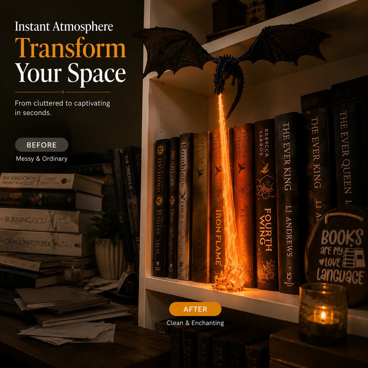 🐉 Lampada decorativa a forma di drago sputafuoco da scaffale + set di luci LED a forma di fiamma