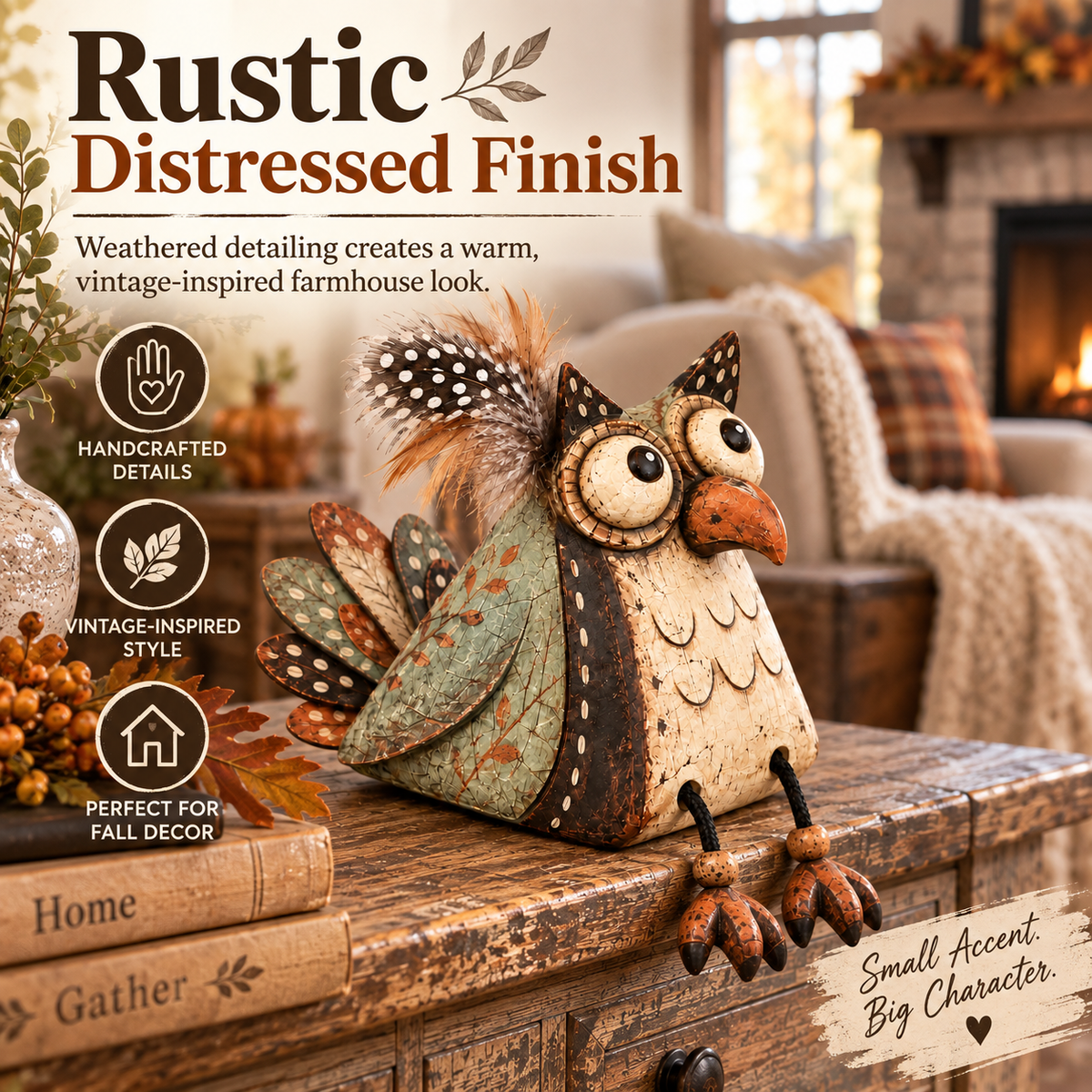 🦉 Decorazione rustica con gufo appollaiato su una tavola e zampe penzolanti — Atmosfera country