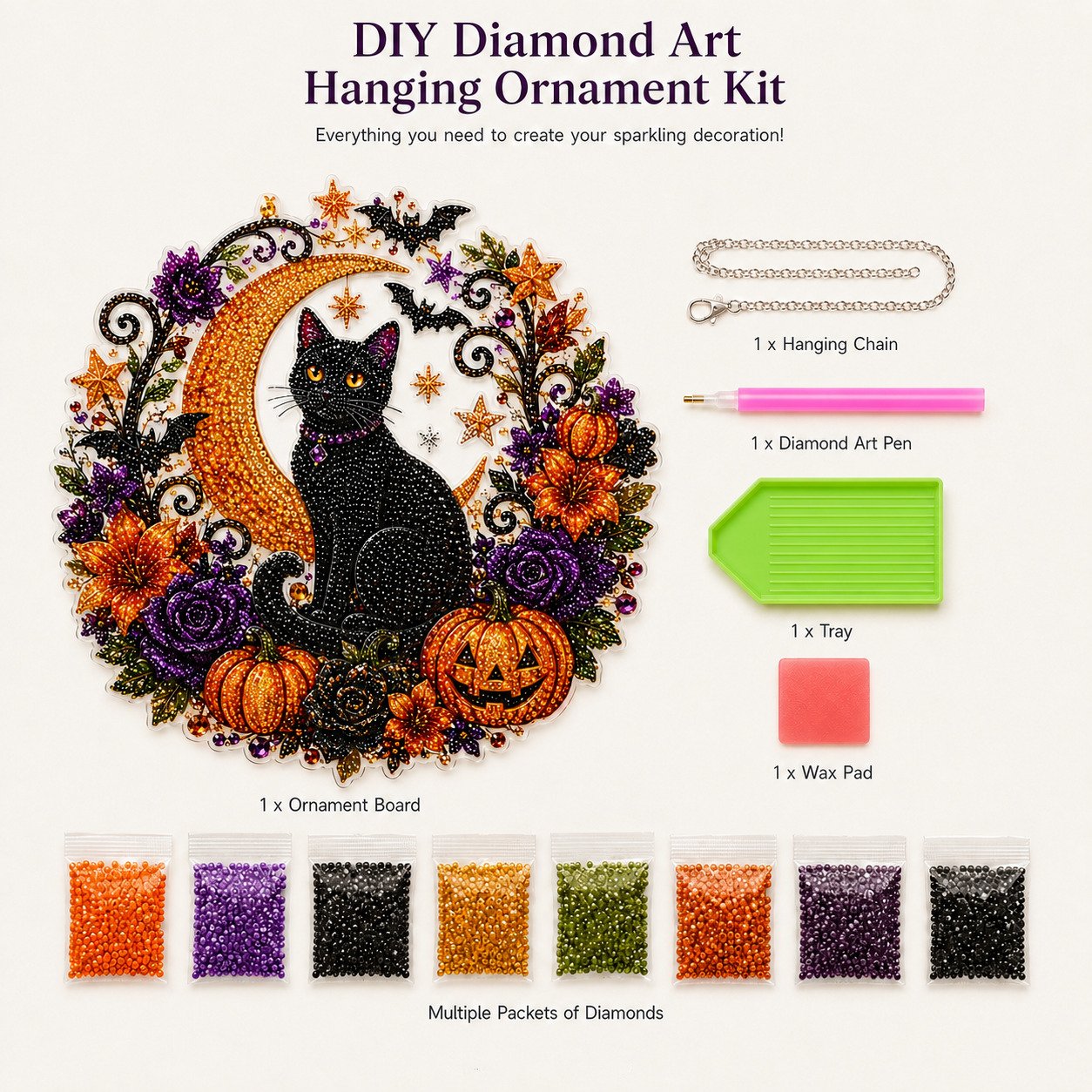 ✨🎃Kit per decorazione da appendere “Diamond Art” con gatto nero e luna di Halloween👻