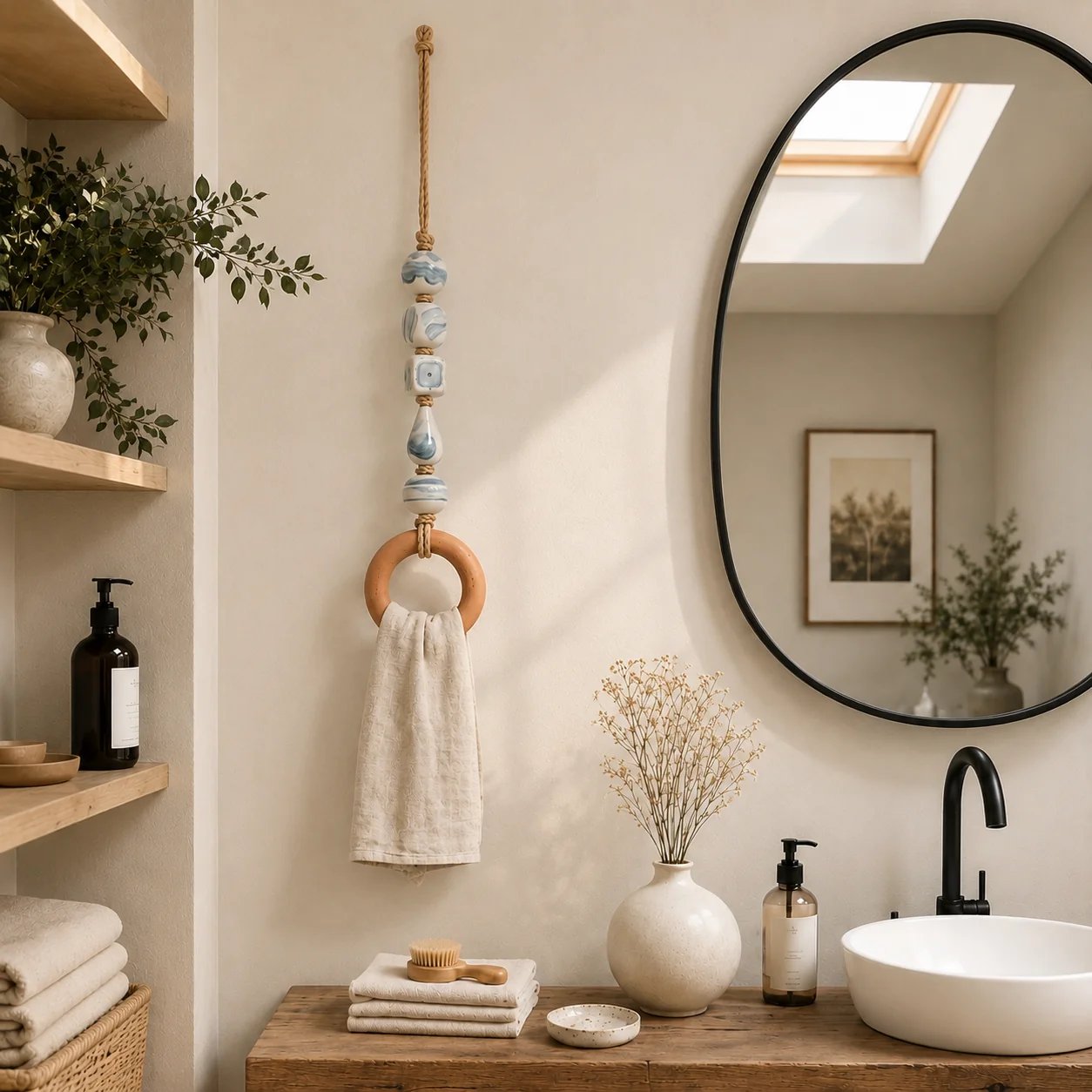 Appendi asciugamani decorativo con perline e anello in legn