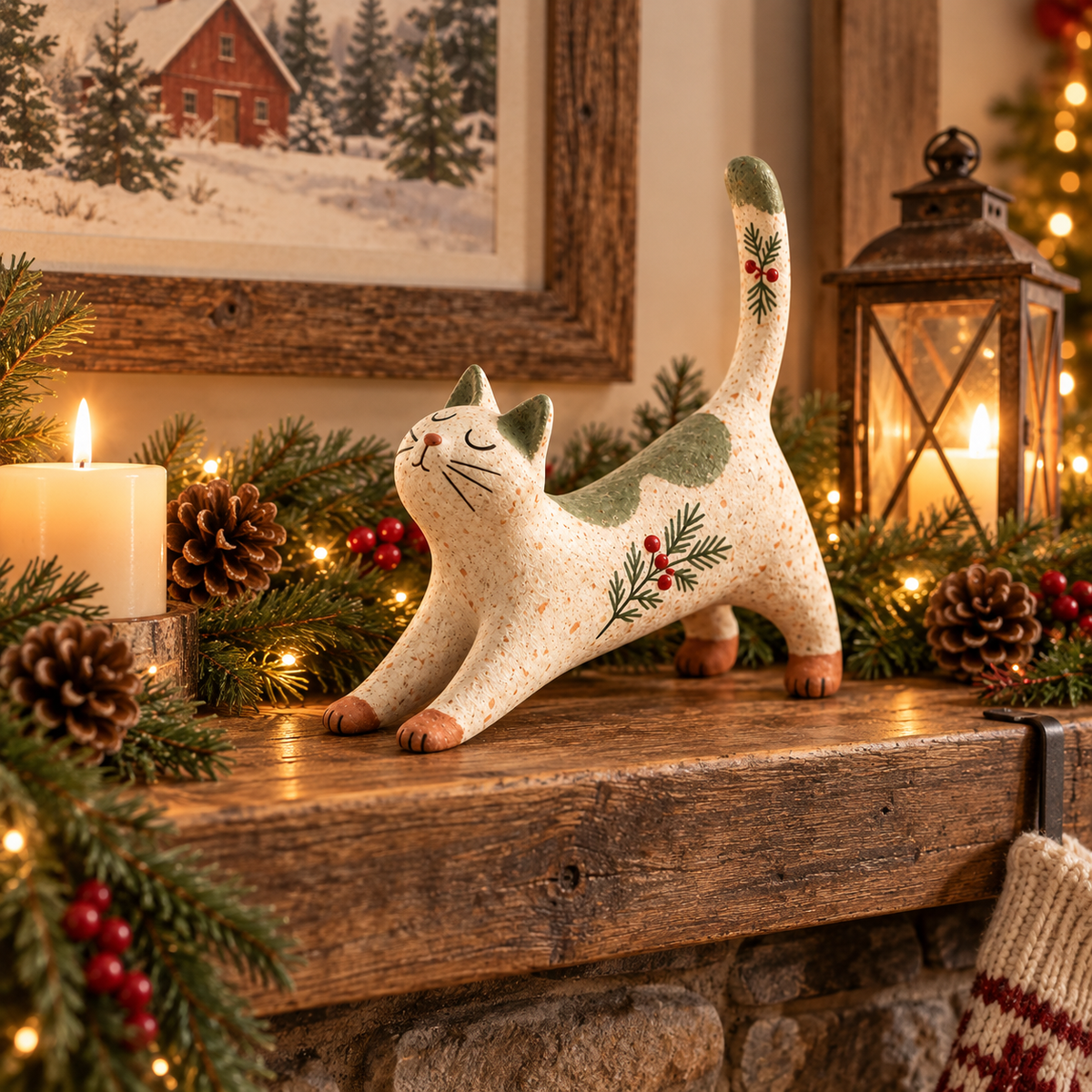 🐈🎄 Statuetta natalizia di gatto woodland--un tocco rustico e accogliente per la casa delle feste